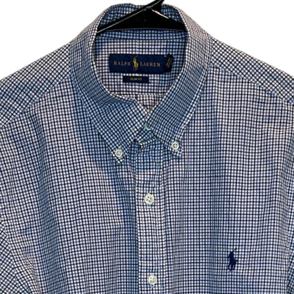 Ralph Lauren Men's Slim Fit Gingham Check Button Down Shirt Navy Blue White L